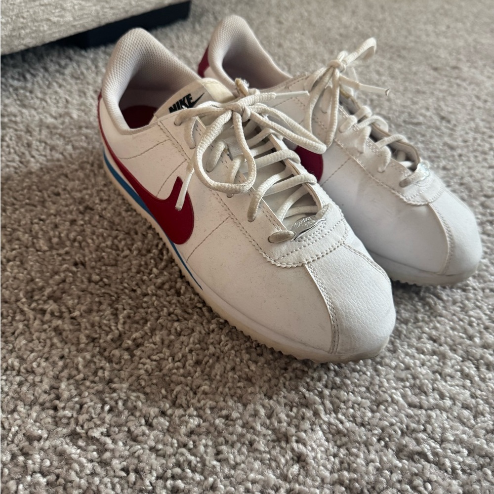 Nike White Sneakers with Red Swoosh and Blue Stripe